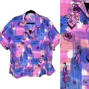 Shopping Motif Short Sleeved With Tank Button Up Blouse Novelty Pink Purple 2X